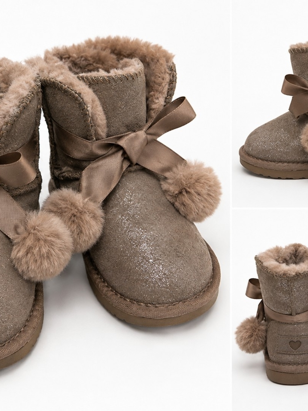 Girls Faux-Suede Pom-Pom Winter Boots - Taupe
